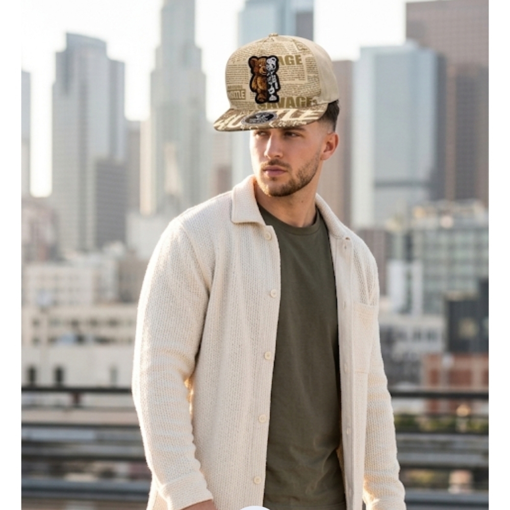 Top Level Snapback Cap with Bear Design - Beige and Brown